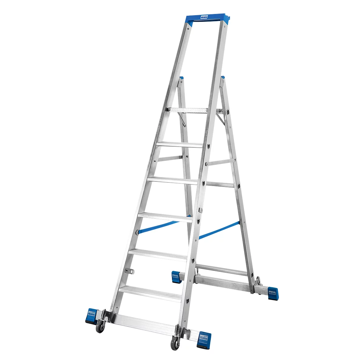 Trapladder, met 6 treden, aluminium, verrijdbaar met dwarssteun