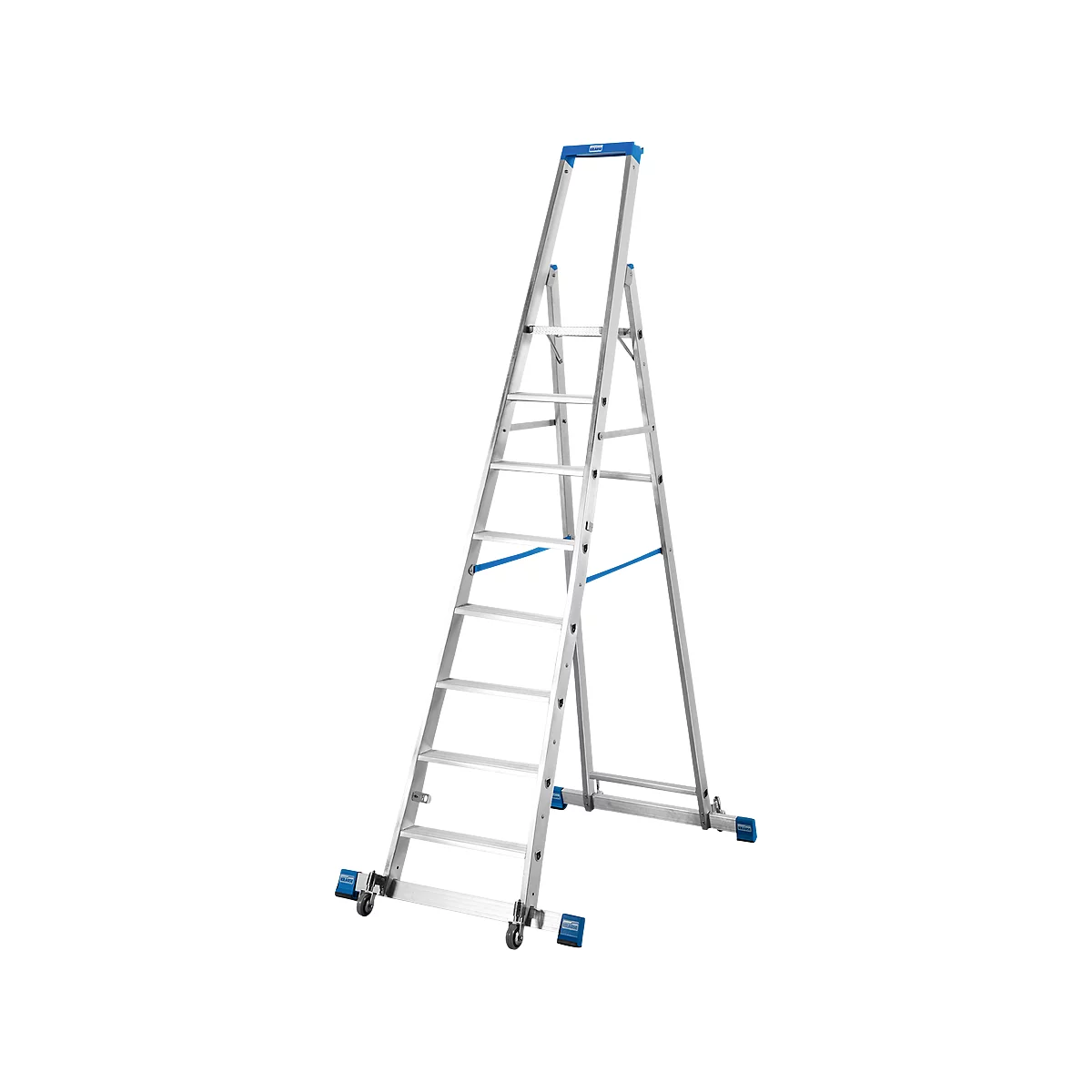 Trapladder, met 8 treden, aluminium, verrijdbaar met dwarssteun