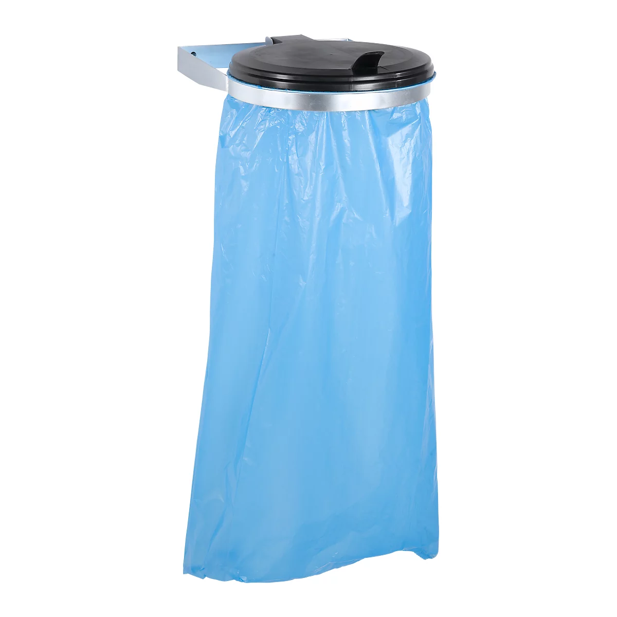 Hanging blue trash bag with black lid and metal ring.
