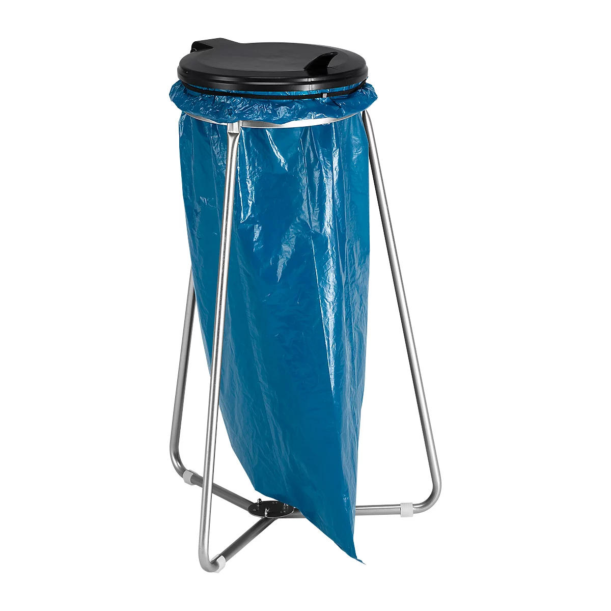 Blue trash bag in metal frame with black lid.