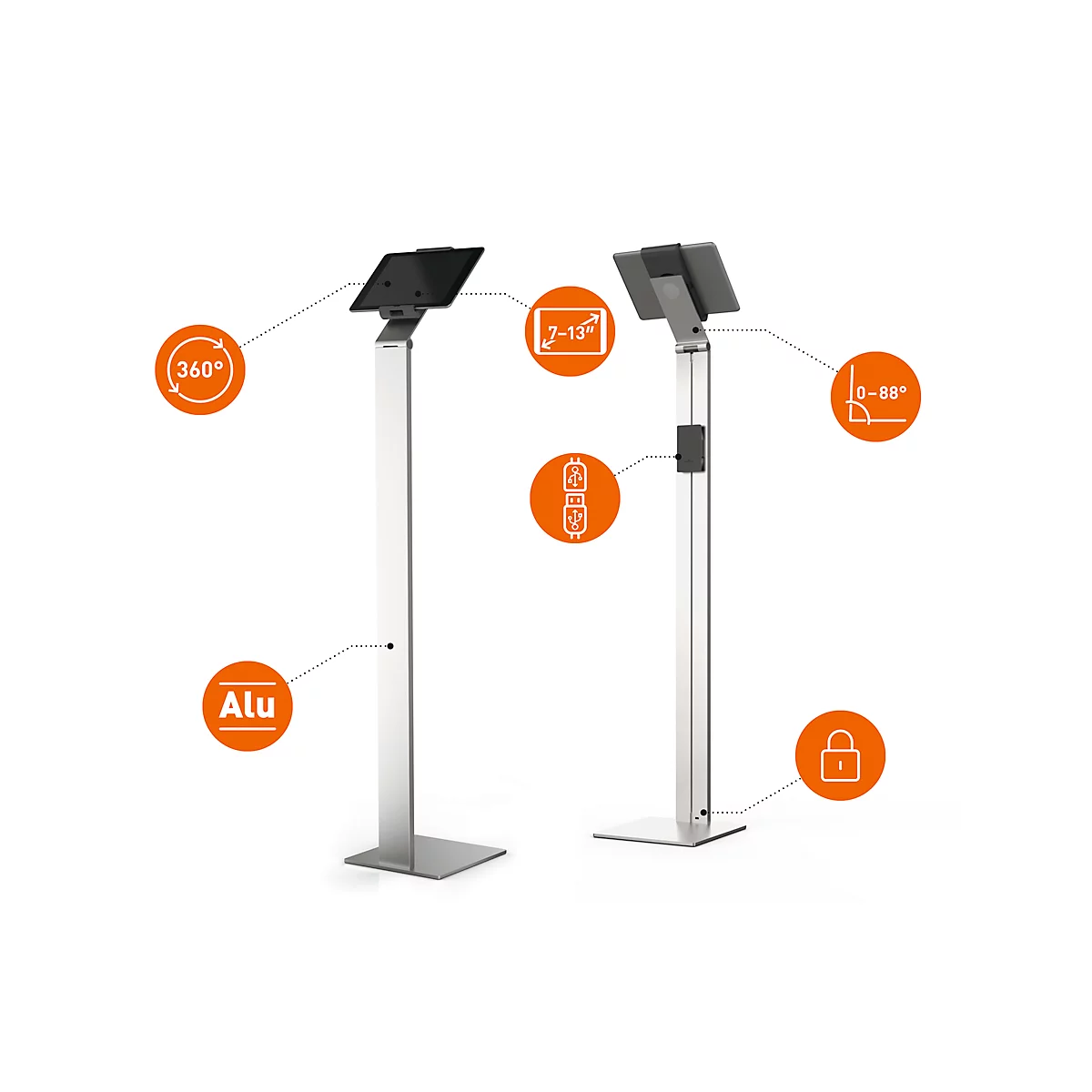 Traystandaard DURABLE FLOOR, voor tabletten 7-13', houder 360° draaibaar, arm kan 0-88° worden gekanteld, incl. USB-kabel
