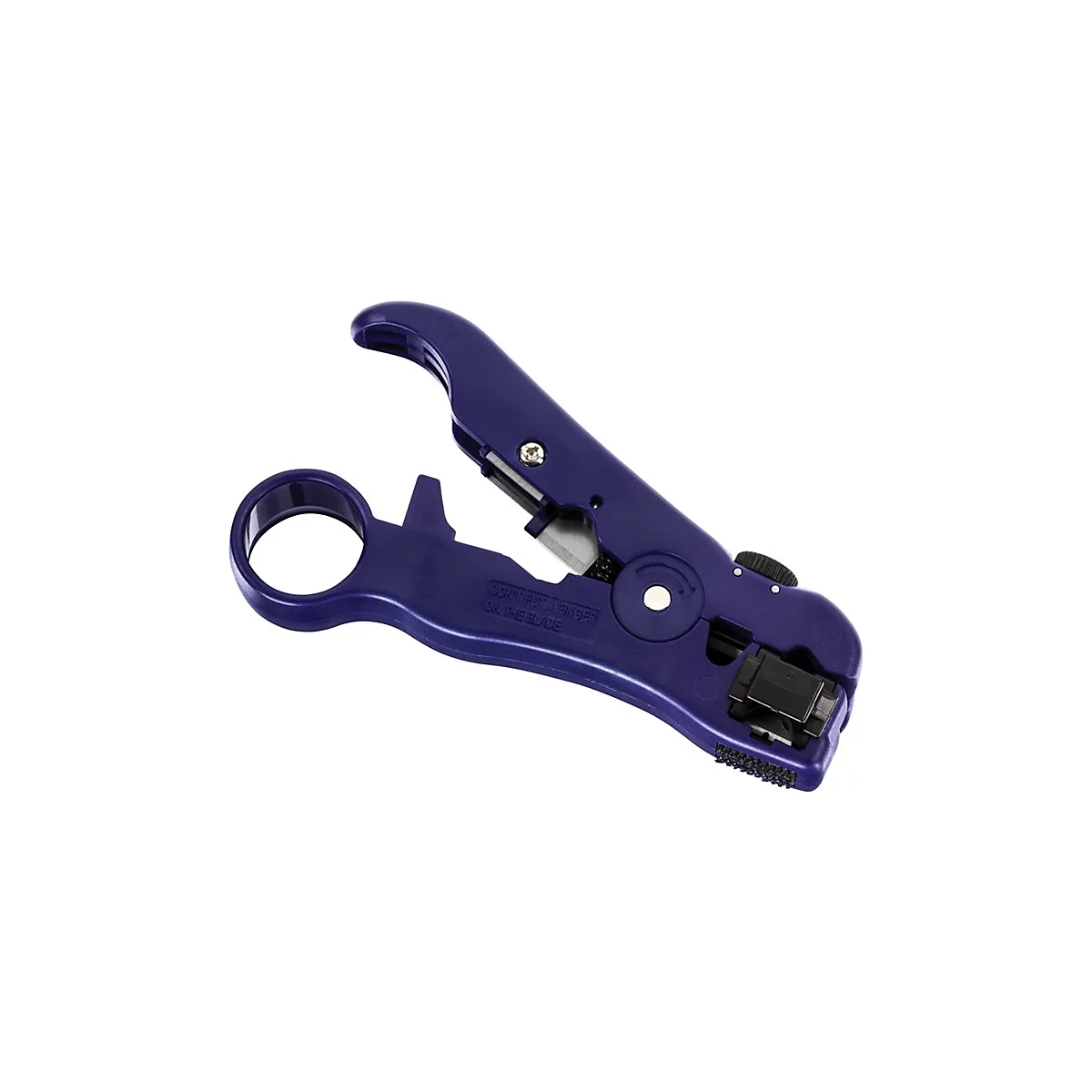 Blaues Werkzeug zum Abisolieren von Kabeln auf weiÃŸem Hintergrund. Es hat eine runde Ã–ffnung, eine Klinge und eine schwarze Einstellschraube.