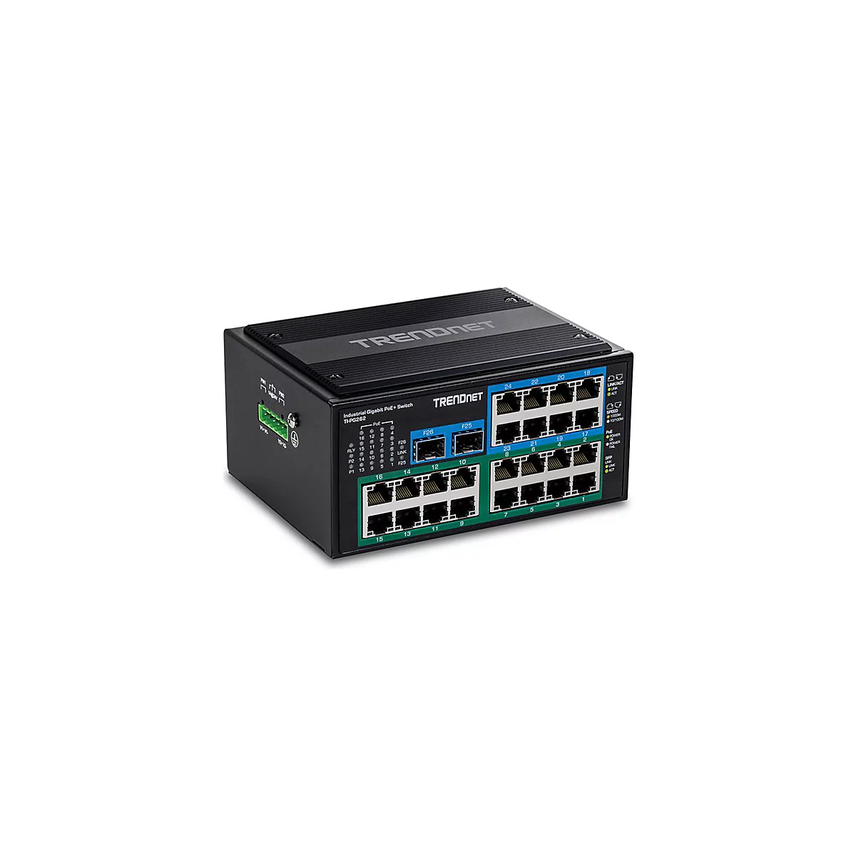 Schwarzer TRENDnet-Switch mit vielen AnschlÃ¼ssen und Beschriftungen. GrÃ¼n und blaue Farbmarkierungen heben bestimmte Bereiche hervor.