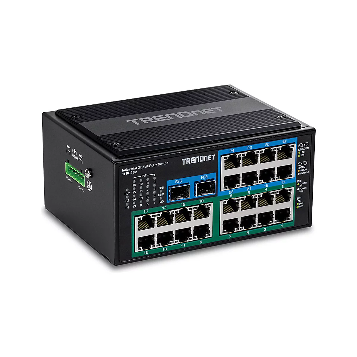 TRENDnet - Hardened Industrial - Switch - 16 x 10/100/1000 (PoE+) + 8 x 10/100/1000 + 2 x 100/1000 SFP - an DIN-Schiene montierbar - PoE+ (480 W)