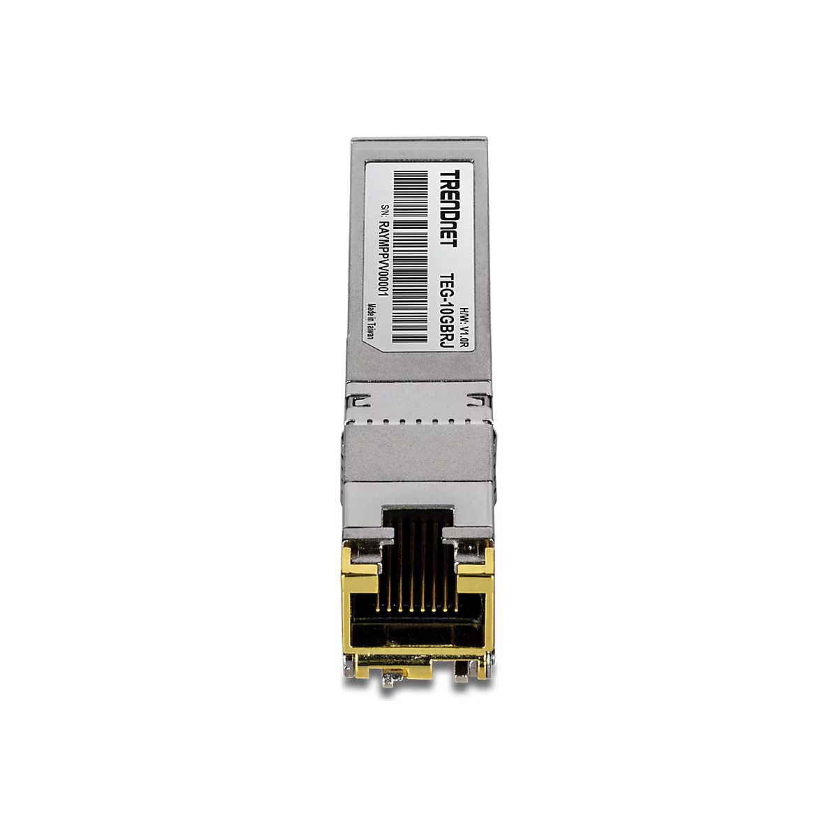 Silbernes Trendnet TEG-10GBRJ SFP+ Transceiver-Modul mit RJ45-Anschluss vor weißem Hintergrund.