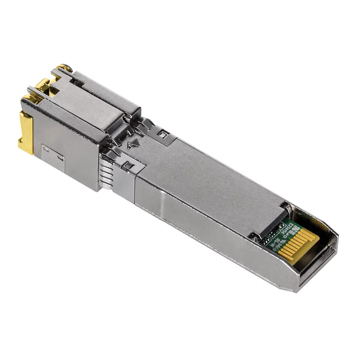 Silbernes SFP-Modul mit goldfarbenen Kontakten auf weißem Hintergrund.