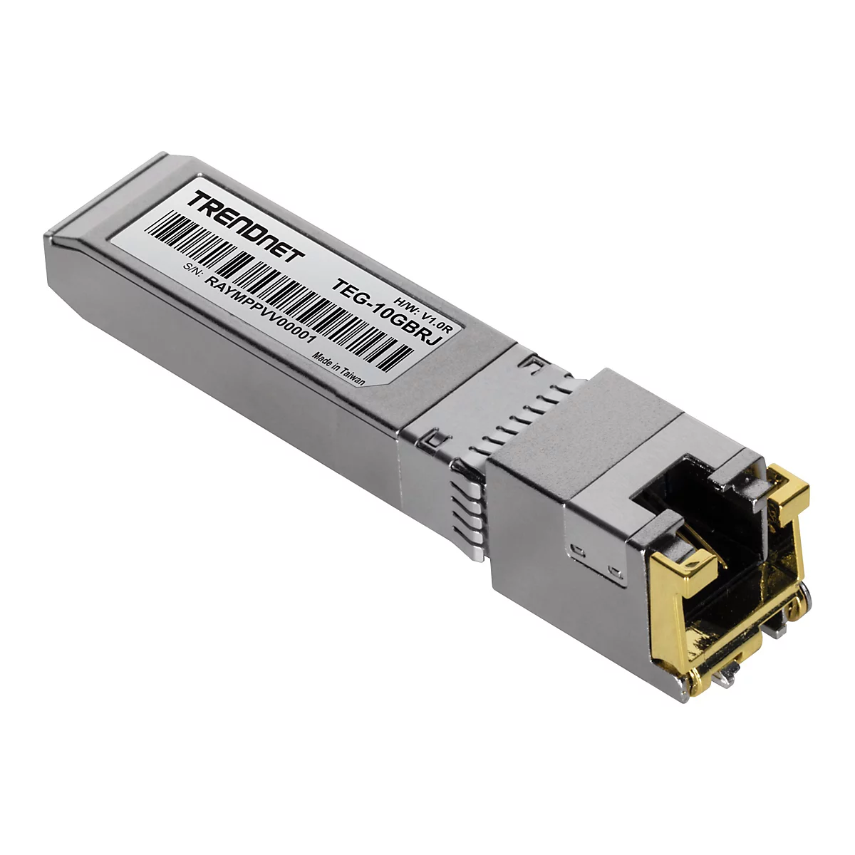 TRENDnet SFP+ Kupfer-Transceiver-Modul mit RJ45-Anschluss vor weißem Hintergrund.