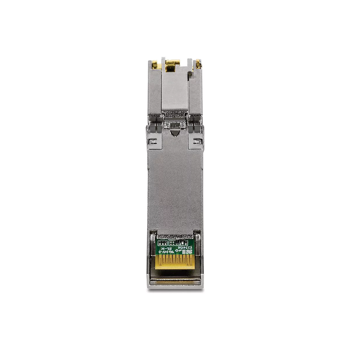 Silbernes SFP-Modul mit goldener Kontaktleiste auf weißem Hintergrund.