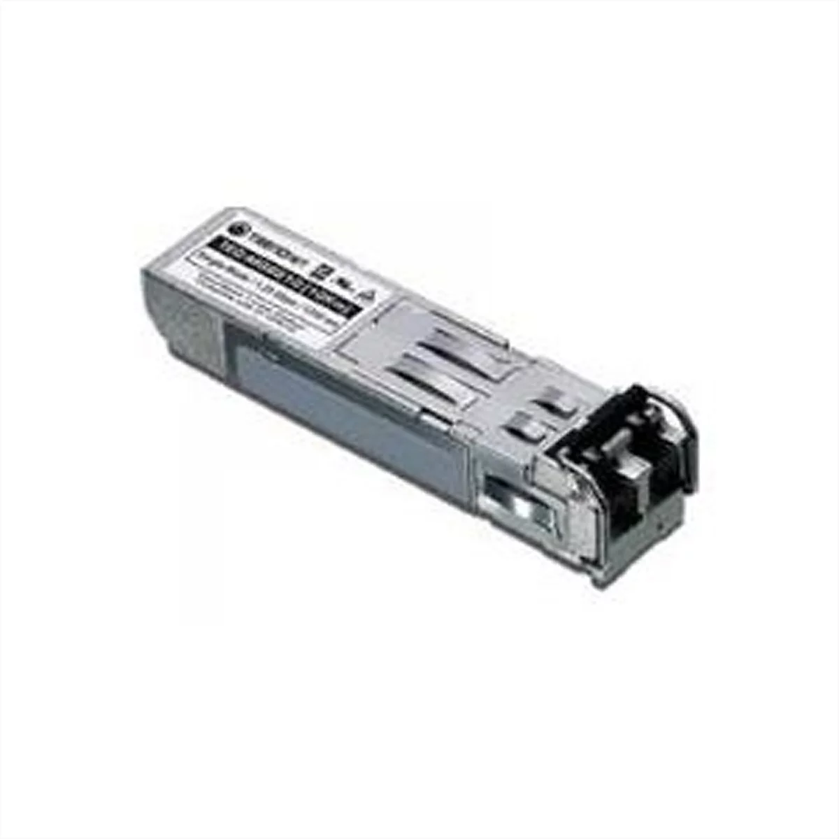 SFP-Glasfaser-Transceiver-Modul von TRENDnet in silbernem Metallgehäuse vor weißem Hintergrund.