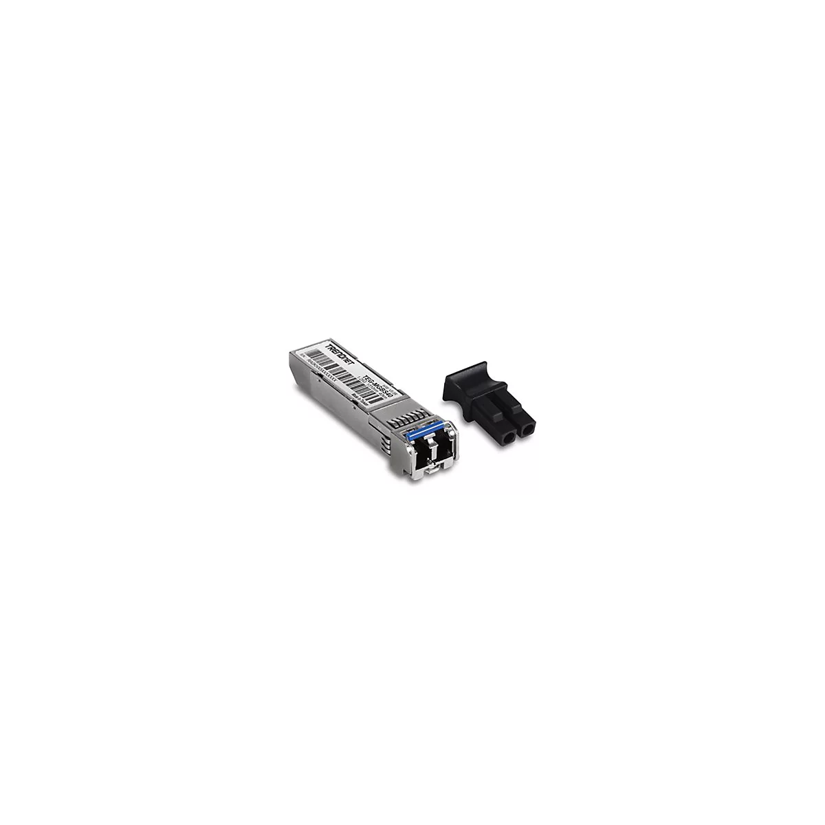 Silbernes SFP-Modul von TRENDnet mit blauem Entriegelungshebel und schwarzer Schutzkappe daneben.
