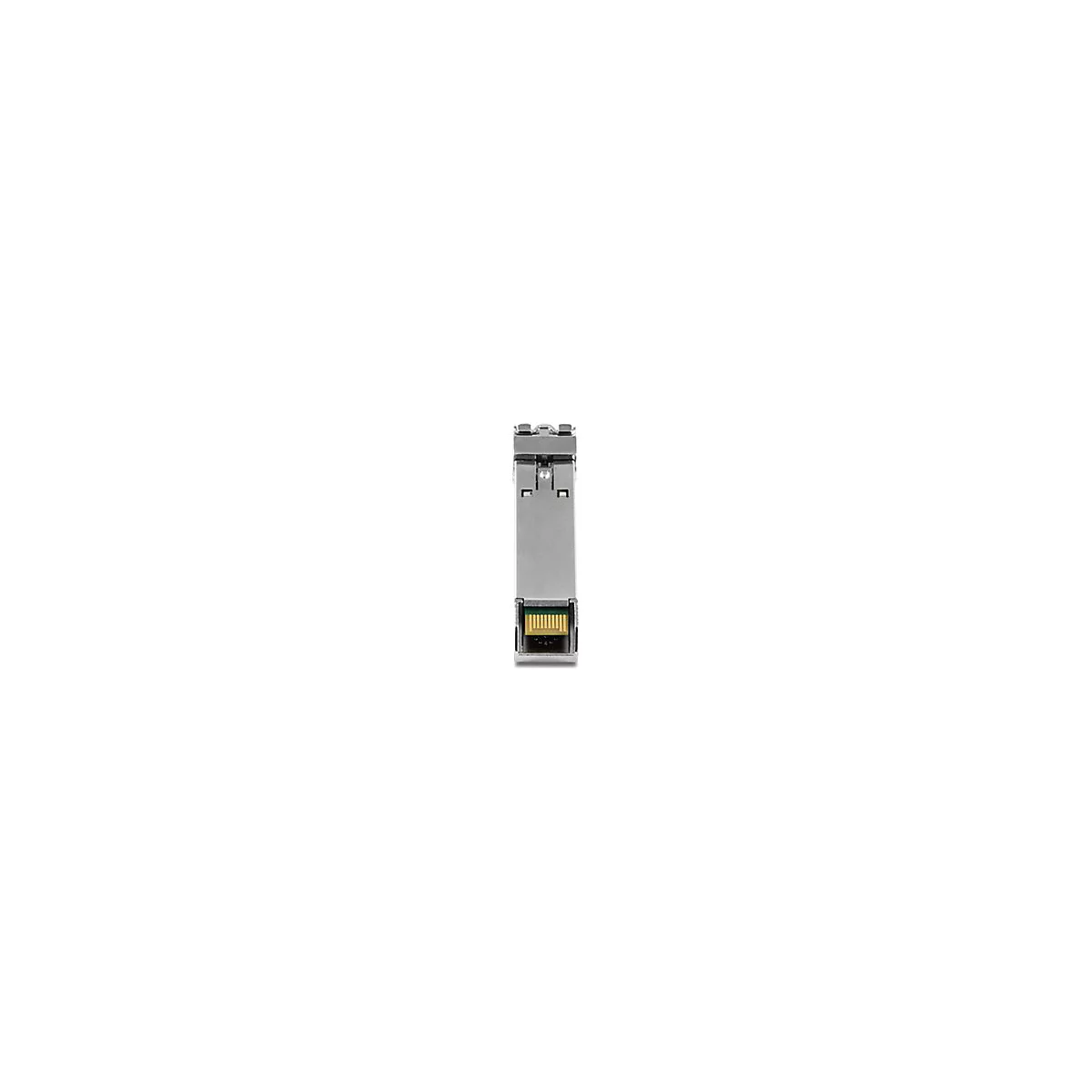 Silbernes SFP-Modul mit sichtbarem Goldkontaktstecker vor weißem Hintergrund.