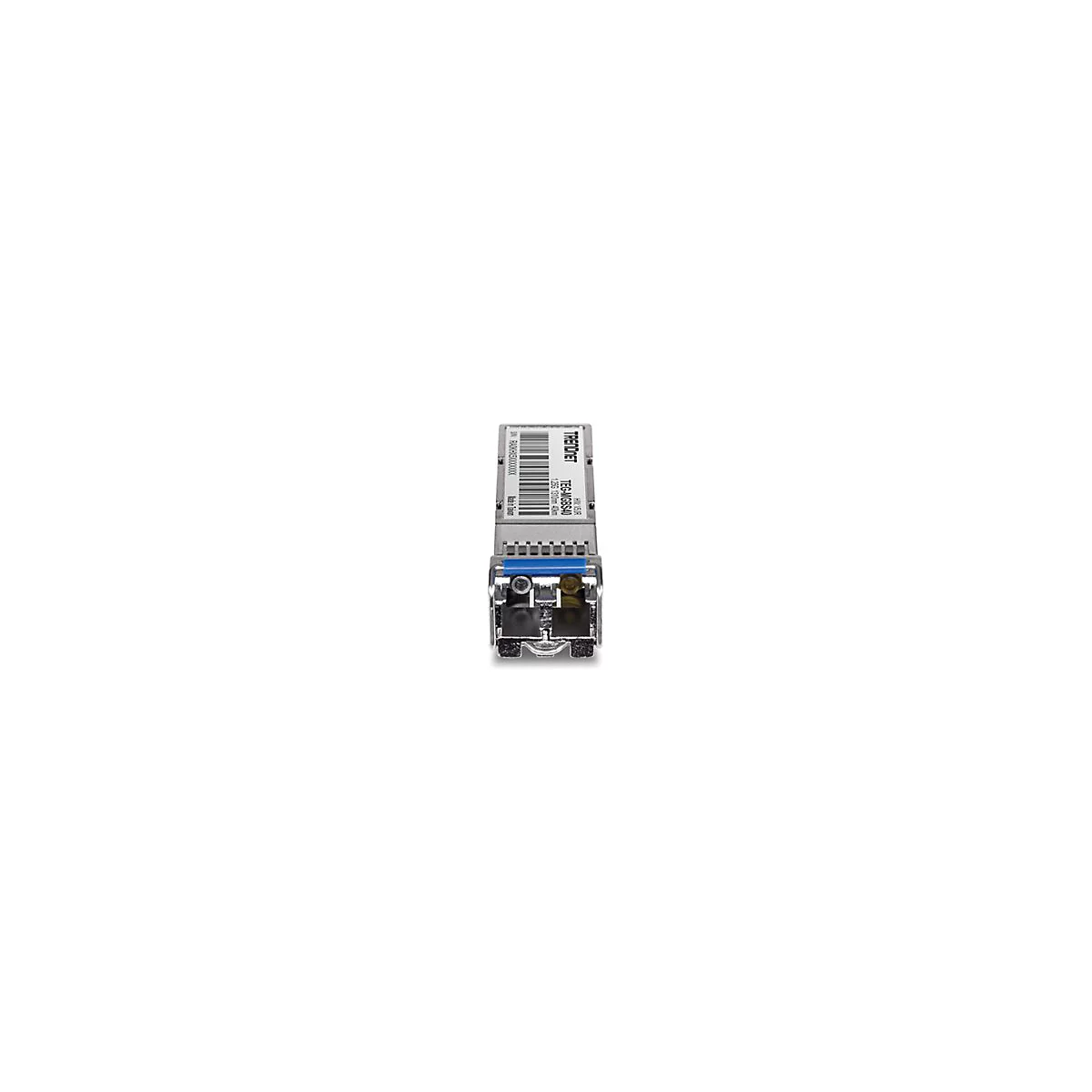 Silbernes SFP-Modul von TRENDnet mit blauem Entriegelungshebel und zwei Glasfaseranschlüssen.