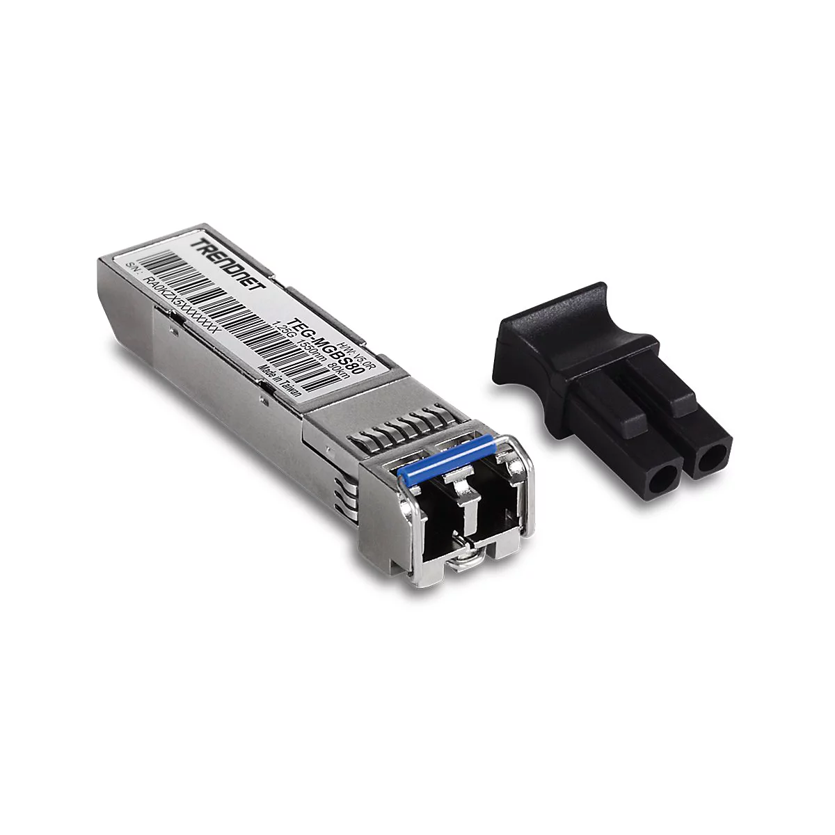 Ein silberner Glasfaser-Transceiver von Trendnet mit Strichcode und abgenommener schwarzer Schutzkappe.