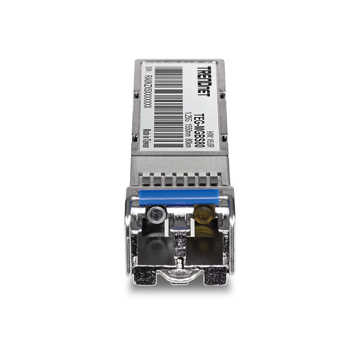 Trendnet SFP-Modul TEG-MGBS80 mit metallischem Gehäuse und blauem Hebel auf weißem Hintergrund.