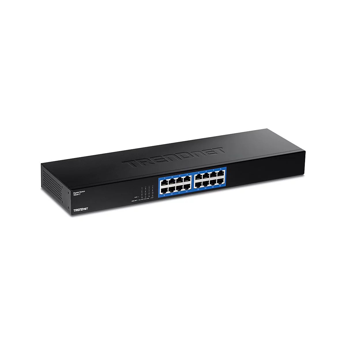 Schwarzer TRENDnet Gigabit-Switch TEG-S17 mit 16 Ports vor weißem Hintergrund.