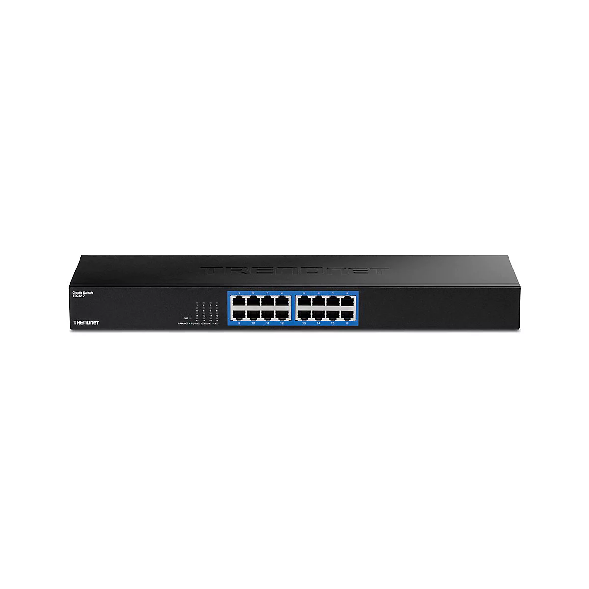Schwarzer 16-Port Gigabit Switch von TRENDnet vor weißem Hintergrund.