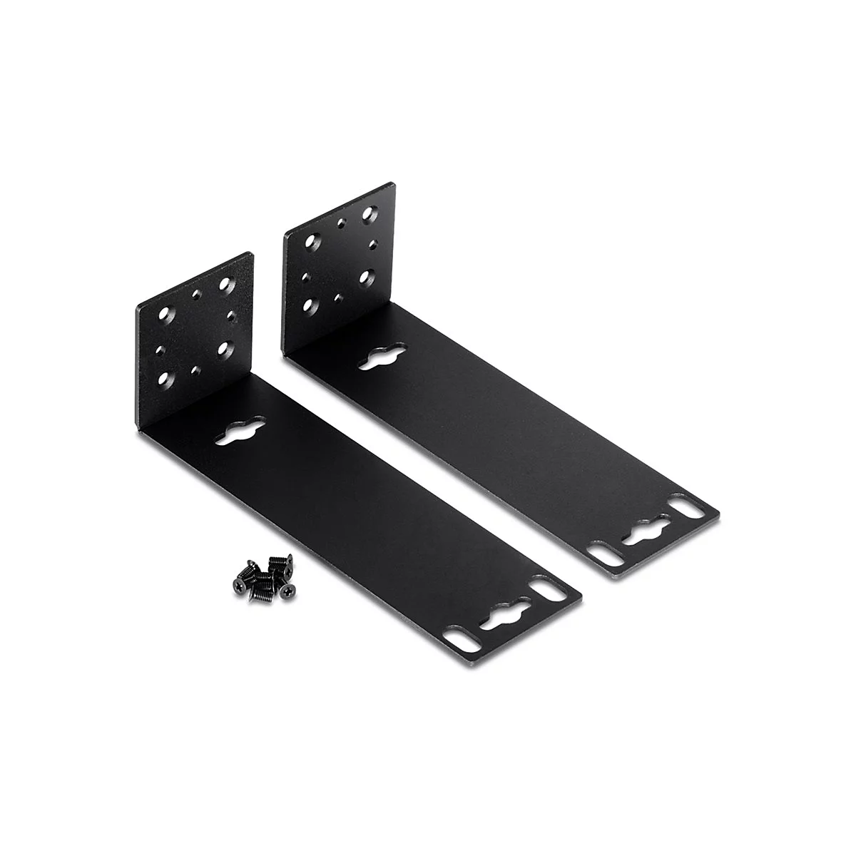 Zwei schwarze Metallwinkel mit LÃ¶chern und Aussparungen, zusammen mit kleinen schwarzen Schrauben auf weiÃŸem Hintergrund.