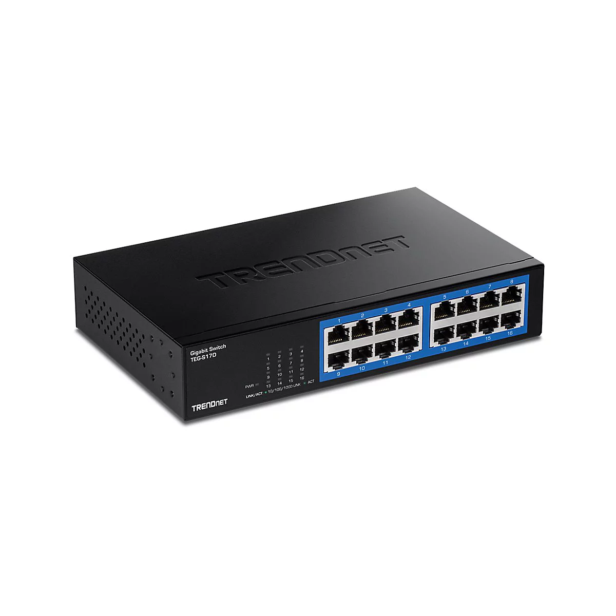 Schwarzer TRENDnet Gigabit Switch TEG-S17D mit 16 Ports vor weißem Hintergrund.
