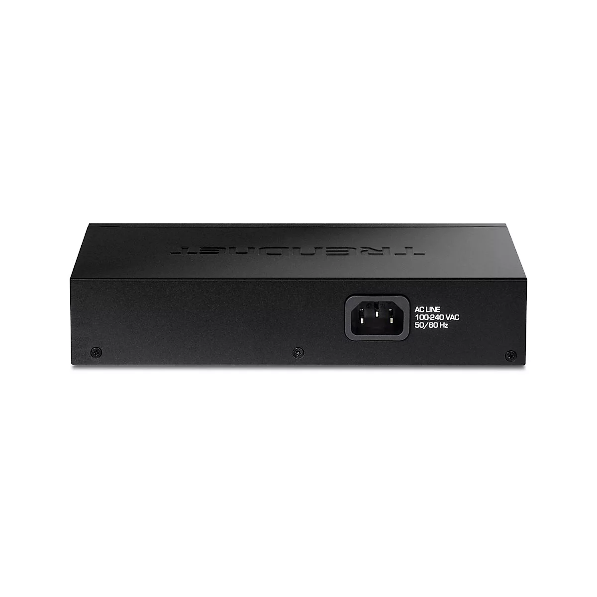 Rückansicht eines schwarzen Netzwerk-Switches von TRENDnet mit Stromanschluss und technischen Spezifikationen.