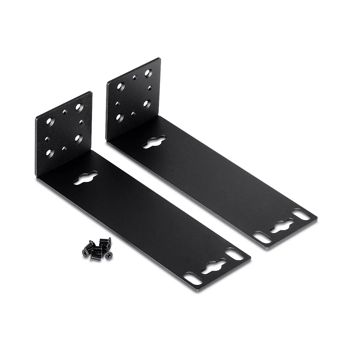 Zwei schwarze Metallwinkelhalterungen mit Befestigungslöchern und zugehörigen kleinen schwarzen Schrauben.