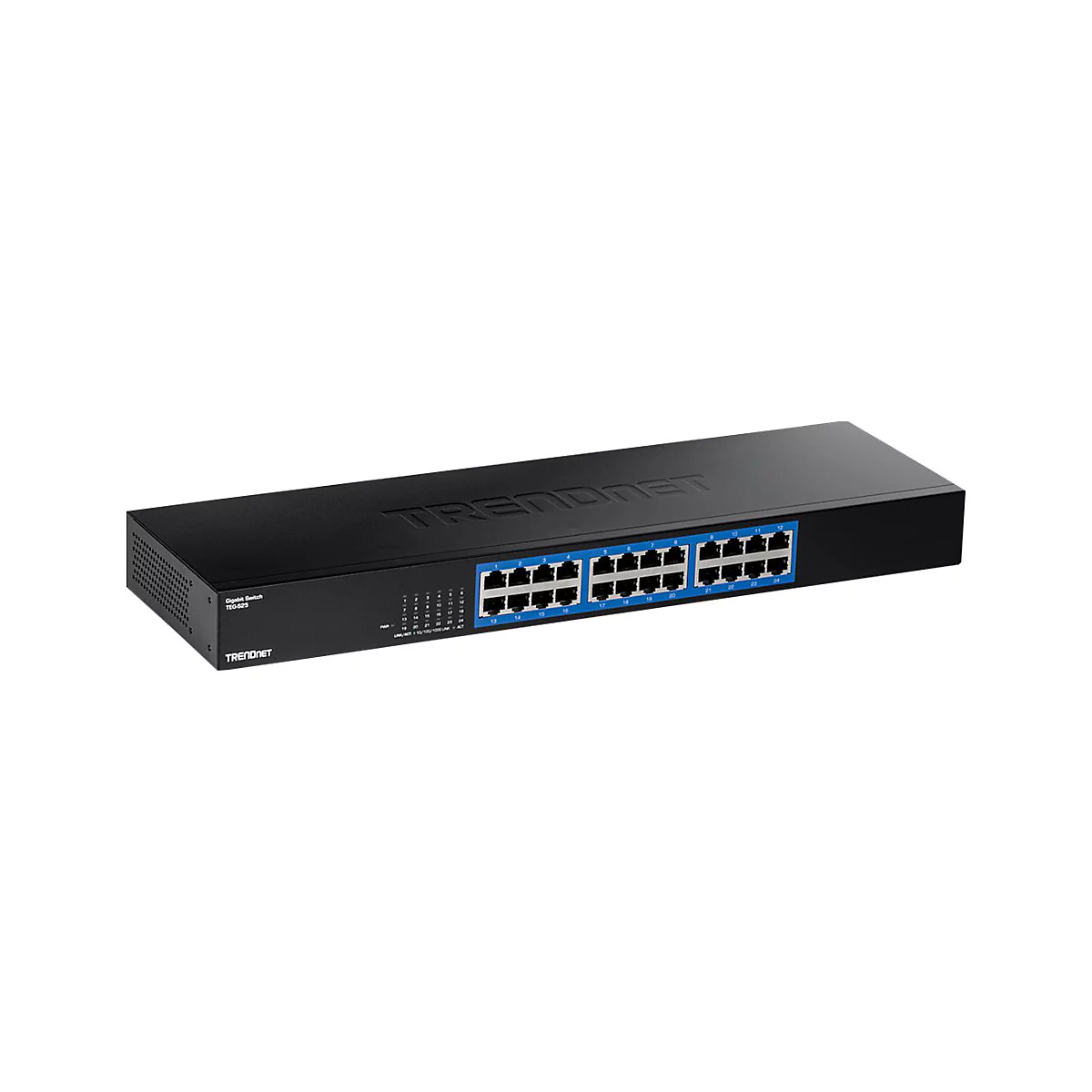 Schwarzer TRENDnet Gigabit Switch mit 24 Ports vor weißem Hintergrund.