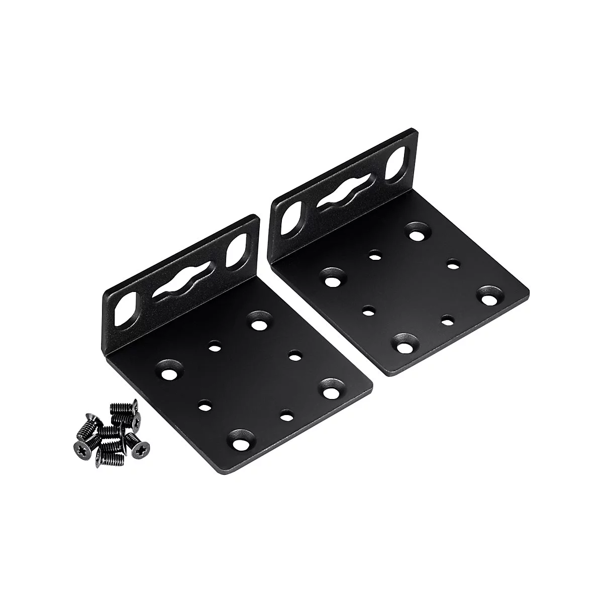 Zwei schwarze L-förmige Metall-Montagewinkel mit Schrauben auf weißem Grund.