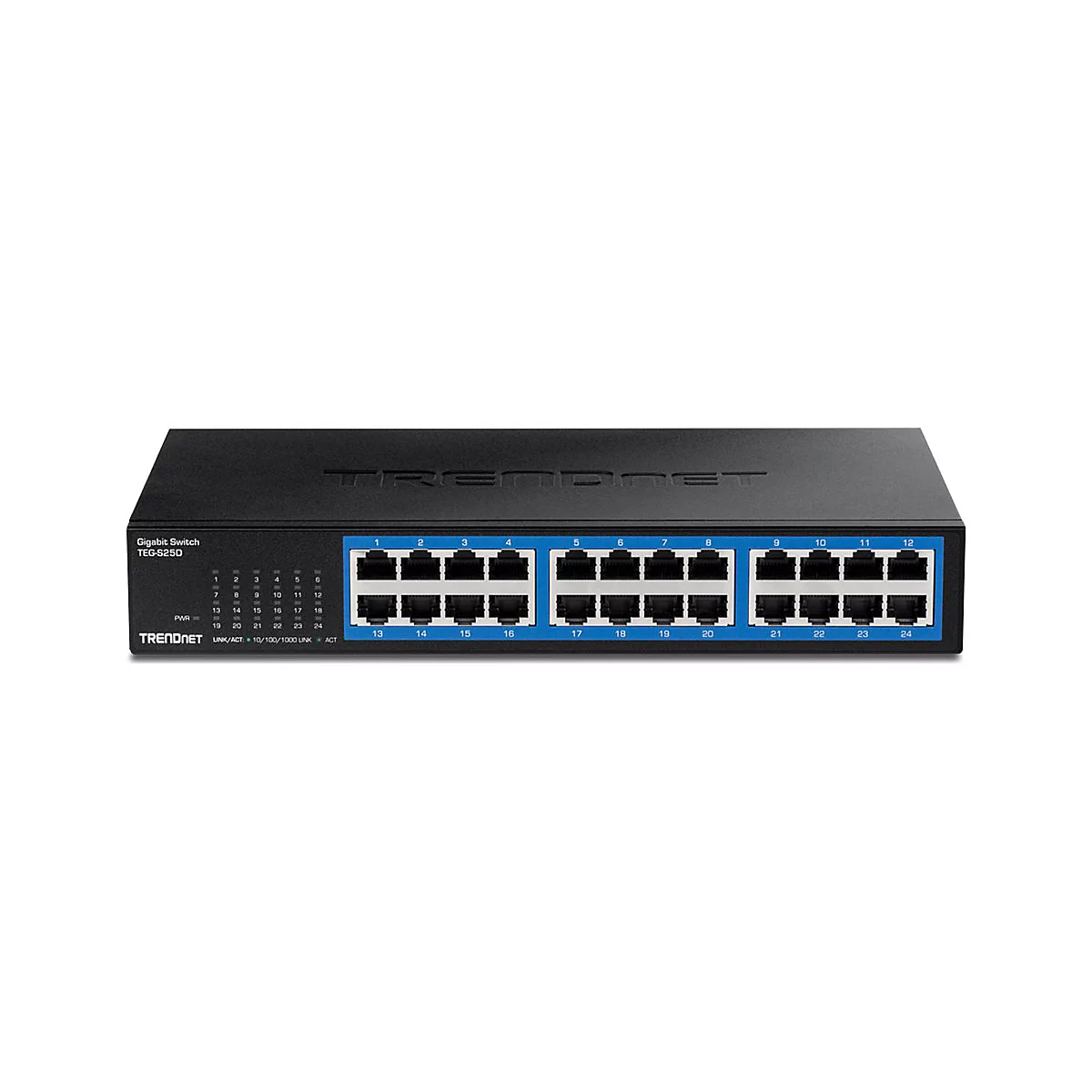 Schwarzer TRENDnet Gigabit Switch TEG-S25D mit 24 Anschlüssen auf weißem Hintergrund.
