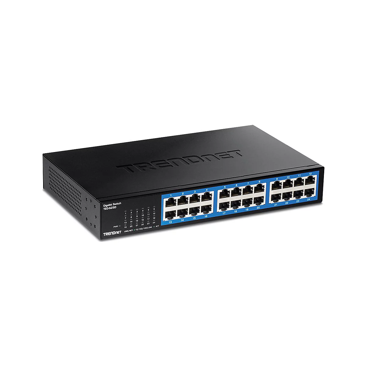 Schwarzer 24-Port Gigabit-Switch von Trendnet auf weißem Hintergrund.