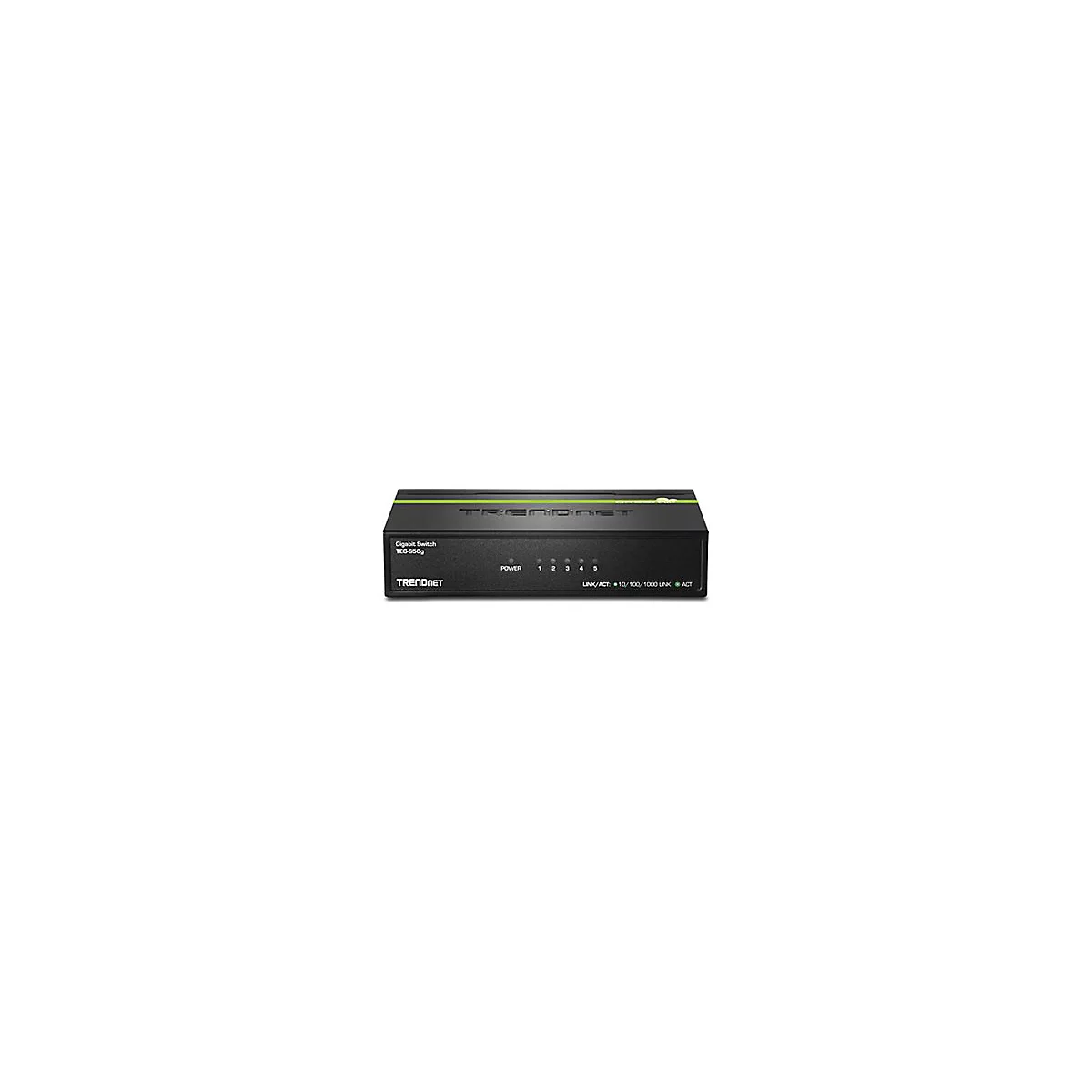 Schwarzer TRENDnet Gigabit Switch TEG-S50g mit fünf Port-Anzeigen und grünem Streifen auf der Oberseite.