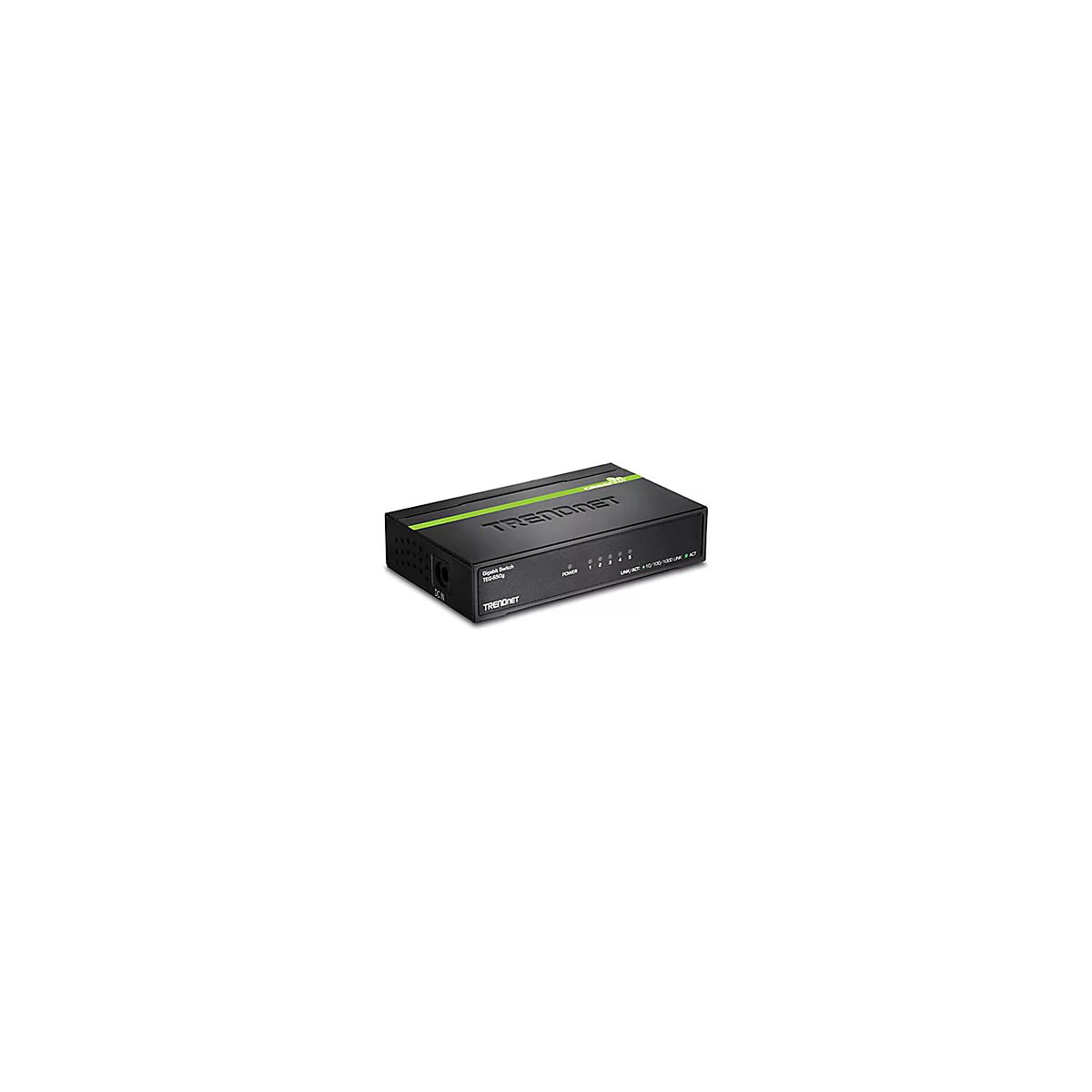 Schwarzer Trendnet Gigabit Switch TEG-S5g mit grünem Zierstreifen auf weißem Hintergrund.