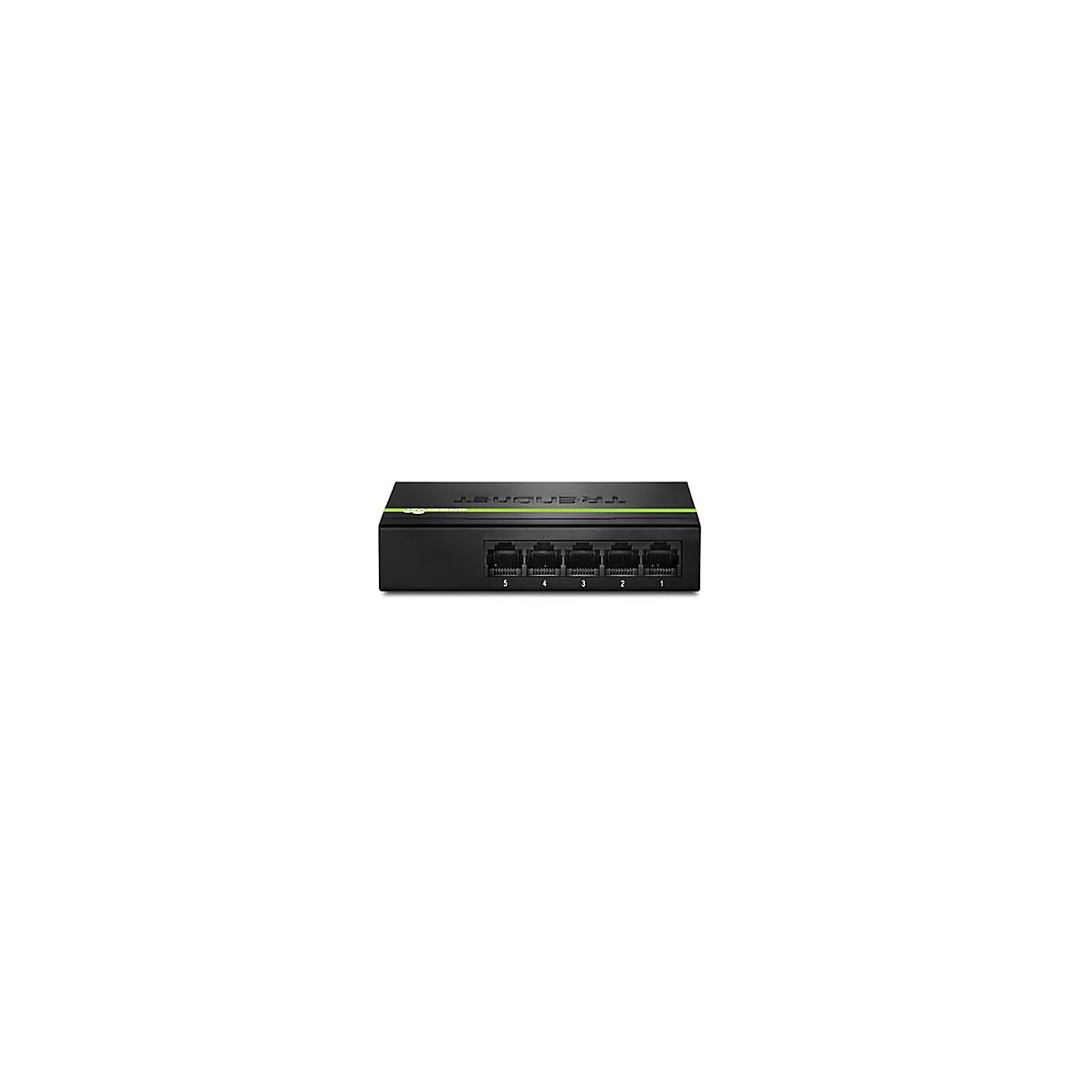 Schwarzer 5-Port-Netzwerk-Switch von TRENDnet mit grünem Akzentstreifen vor weißem Hintergrund.