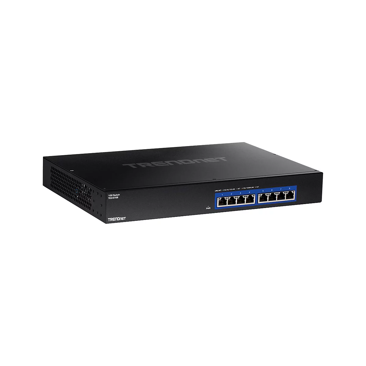 Schwarzer 10G-Switch von TRENDnet mit acht LAN-Ports, schräg von vorne vor weißem Hintergrund aufgenommen.