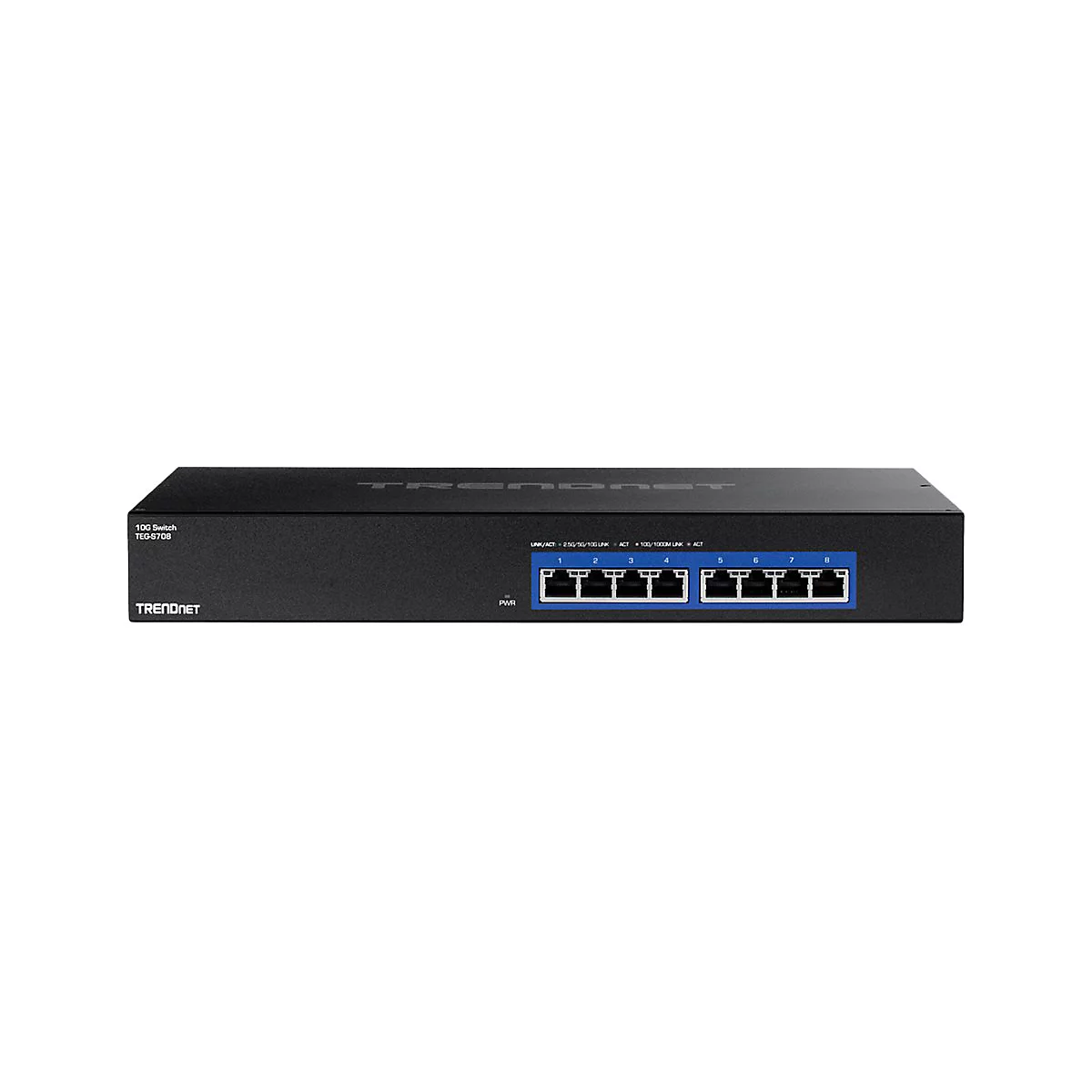 Schwarzer 8-Port 10G Netzwerk-Switch von TRENDnet vor weißem Hintergrund.
