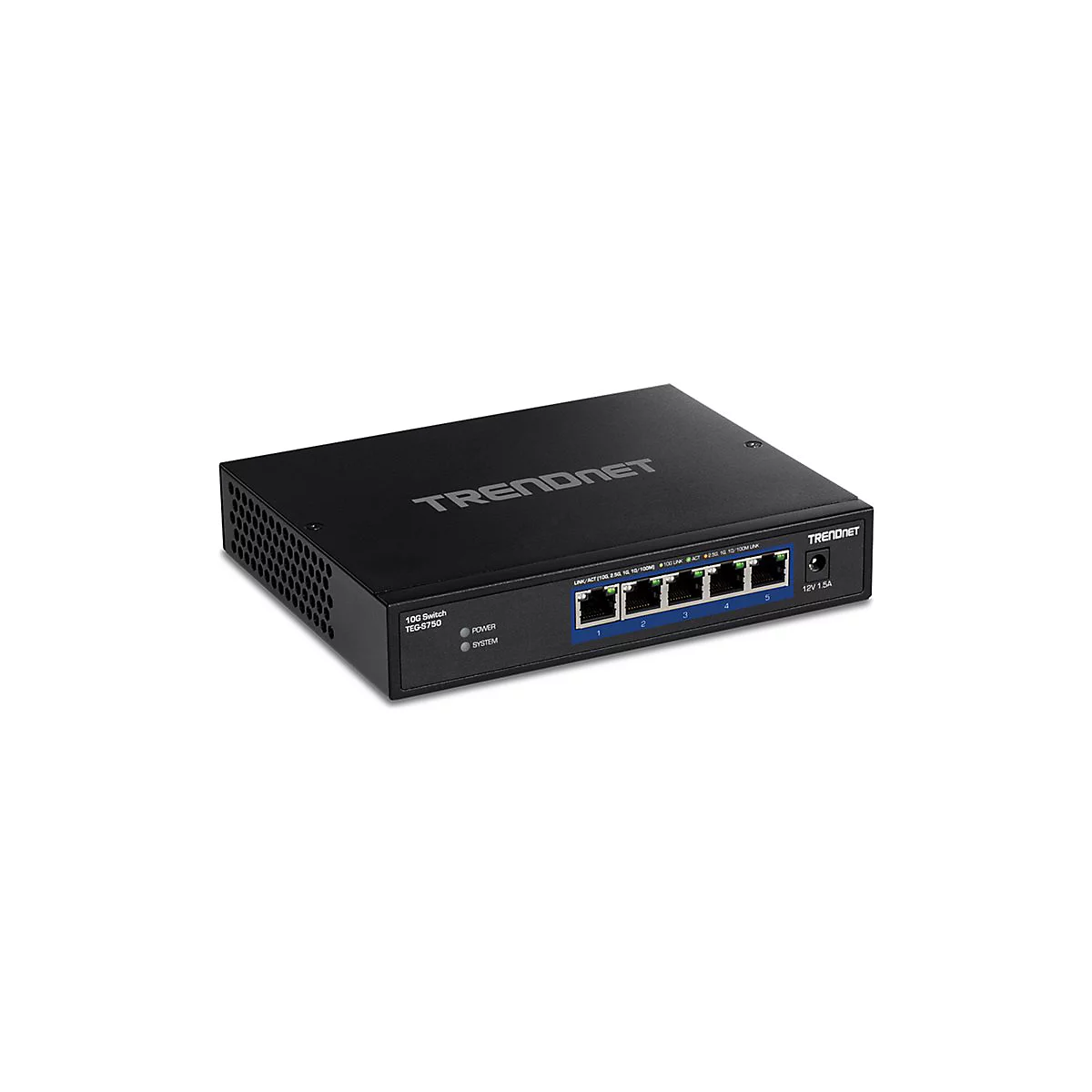 Schwarzer TRENDnet Switch mit 5 AnschlÃ¼ssen. Blaue Ports, darunter 1,2,3,4 und 5. Stromversorgung und Systemleuchte.