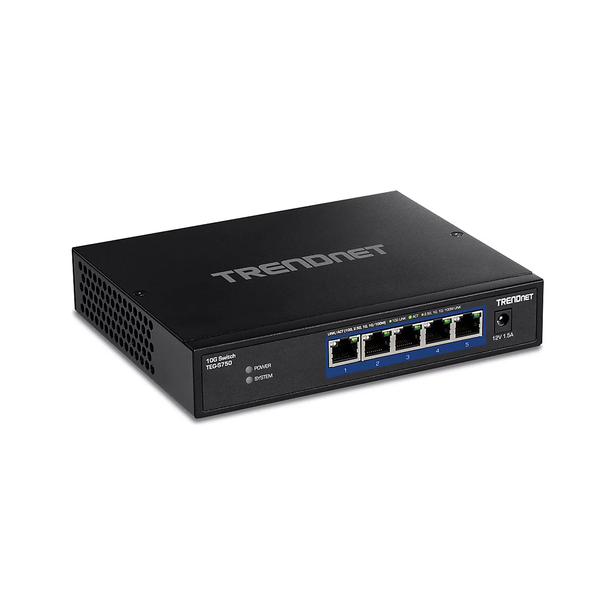 Schwarzer 5-Port 10G-Netzwerk-Switch von TRENDnet vor weißem Hintergrund.