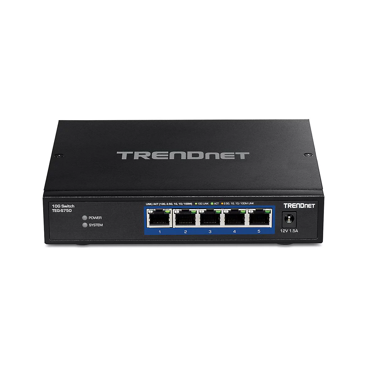 Schwarzer TRENDnet 5-Port 10G Switch mit Netzteilanschluss und Status-LEDs auf weißem Hintergrund.