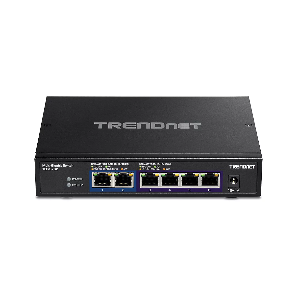 Schwarzer TRENDnet Multi-Gigabit-Switch TEG-S762 mit 6 Netzwerkanschlüssen vor weißem Hintergrund.