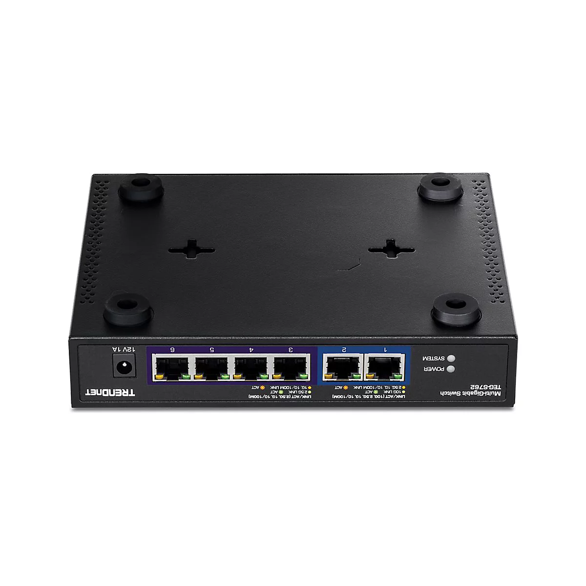 Unterseite eines schwarzen Trendnet Netzwerk-Switches mit Gummifüßen und Wandmontageöffnungen.