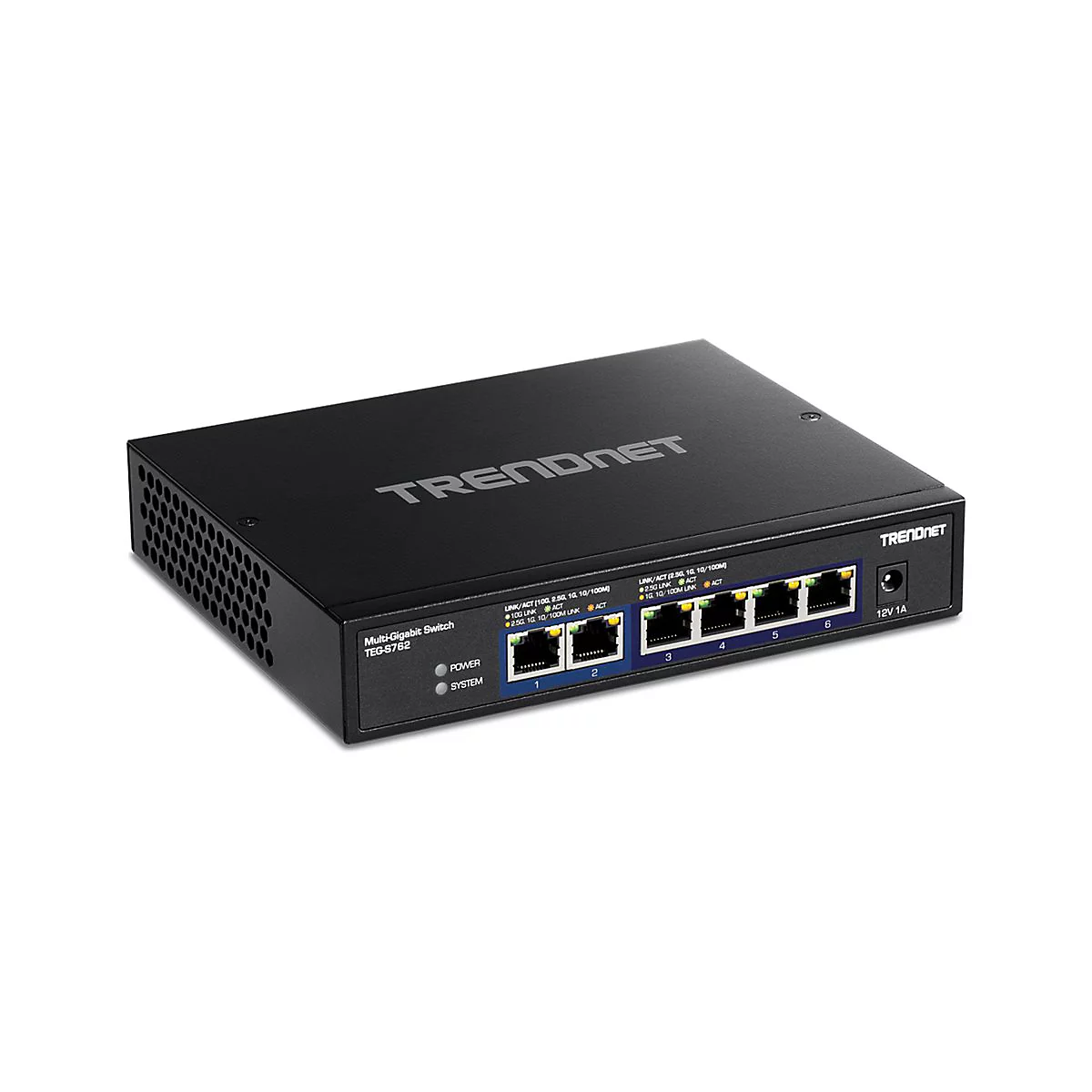 Schwarzer TRENDnet Multi-Gigabit Switch TEG-S762 mit 6 Netzwerkanschlüssen auf weißem Hintergrund.