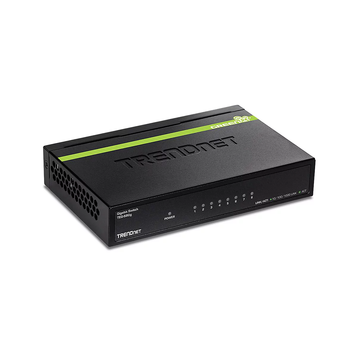 Schwarzer TRENDnet Gigabit Switch TEG-S80g mit acht Anschlüssen und grüner Markierung.