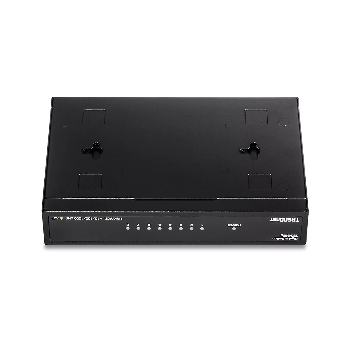 Schwarzer TRENDnet Gigabit Switch TEG-S80g von oben, mit LED-Anzeigen und Wandmontageöffnungen.