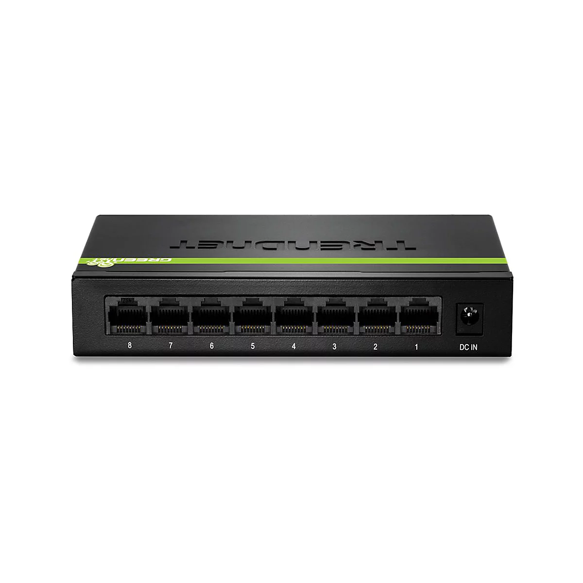 Schwarzer Trendnet GreenNet 8-Port Switch mit acht nummerierten Ethernet-Anschlüssen und Stromeingang.