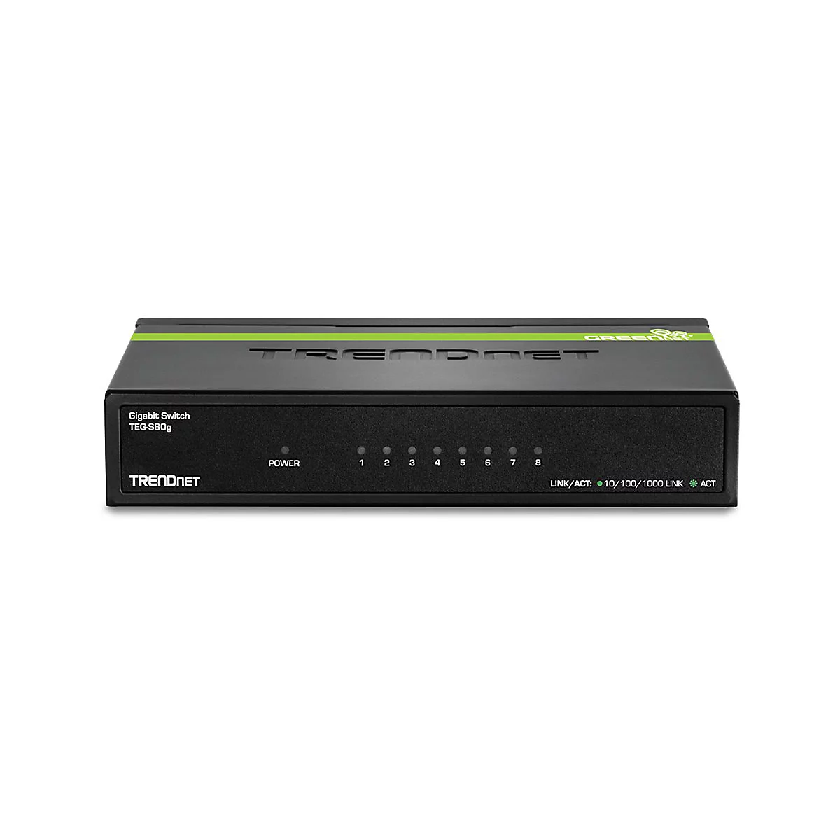 Schwarzer TRENDnet Gigabit Switch TEG-S80g mit acht Port-LEDs und einem Power-Licht auf weißem Hintergrund.