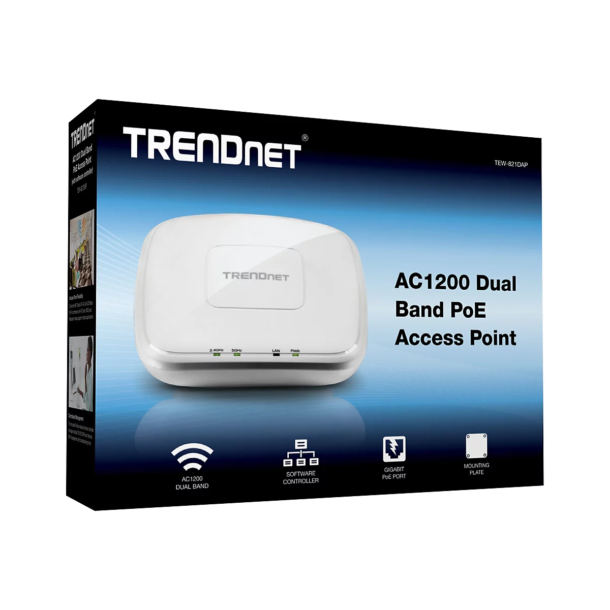 Drahtloser Access Point von Trendnet, auf der Verpackung. Die Verpackung ist schwarz mit weiÃŸer Schrift und dem Produkt abgebildet.