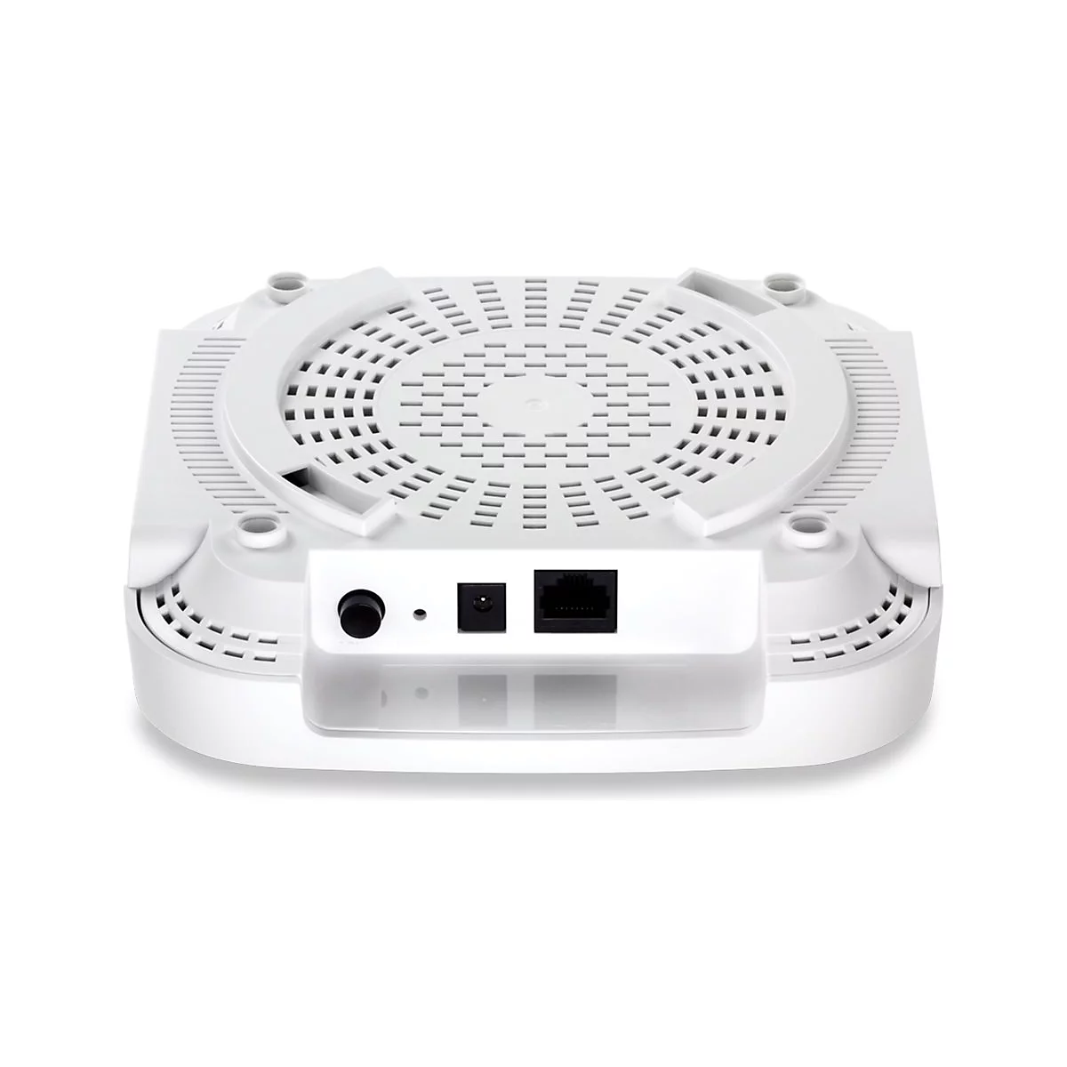 Draufsicht auf einen weiÃŸen Access Point. Oben eine perforierte FlÃ¤che. Unterhalb von AnschlÃ¼ssen fÃ¼r Strom, einen Reset-Knopf und Netzwerkanschluss.