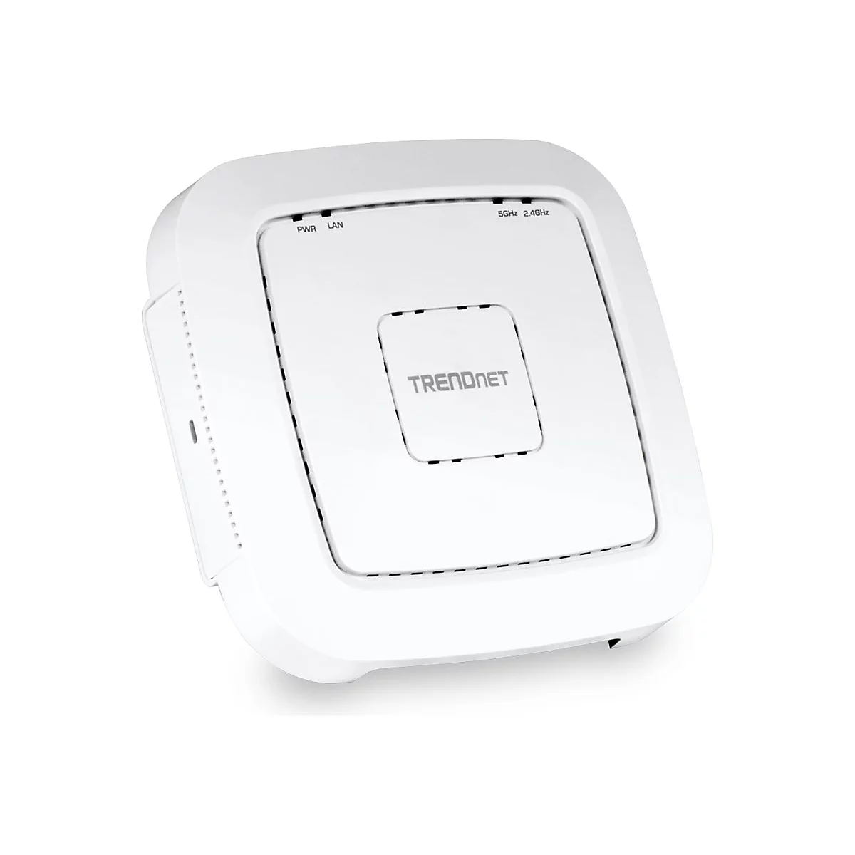 WeiÃŸer, quadratischer WLAN-Router, leicht schrÃ¤g von oben fotografiert. Auf der Oberseite steht TRENDNET.