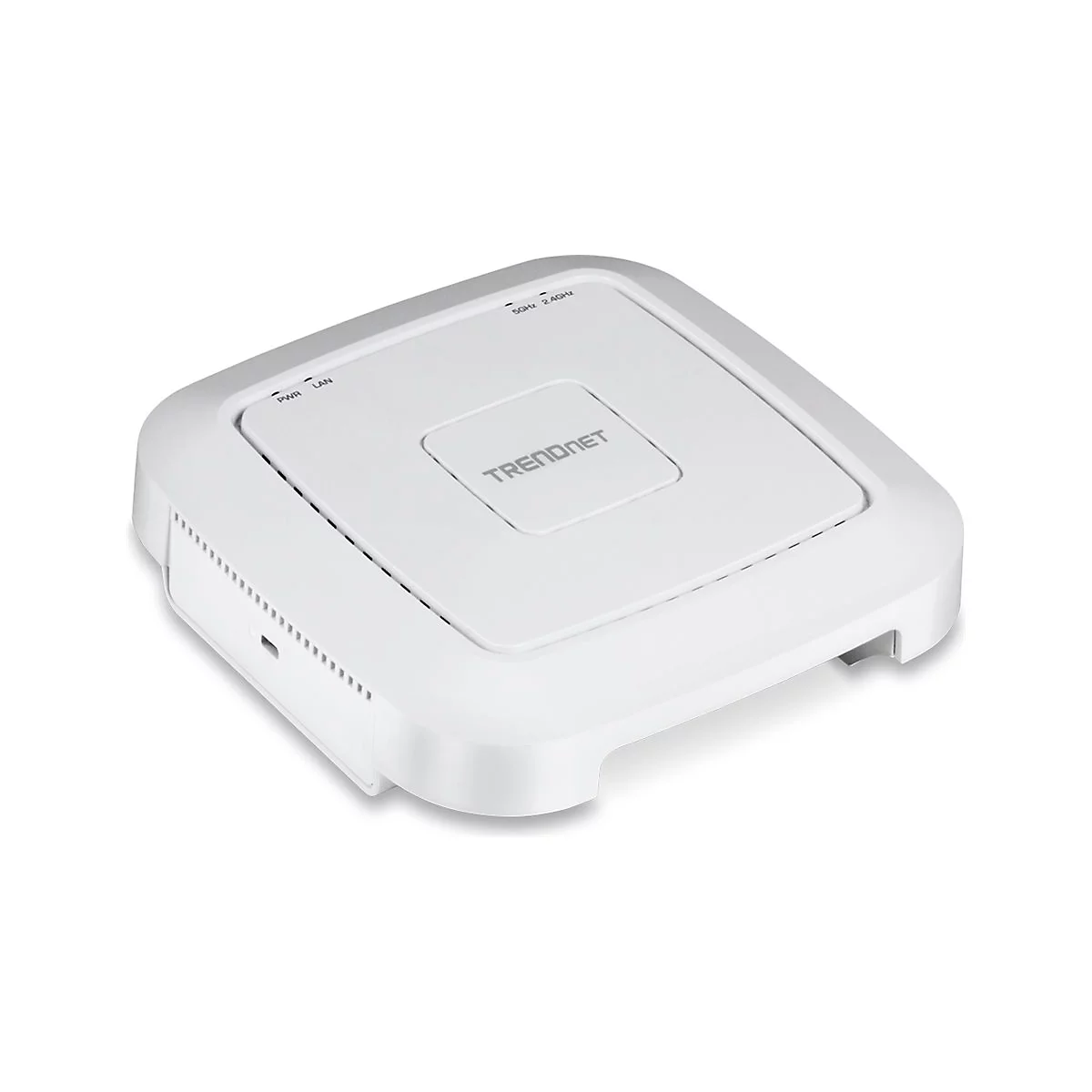 WeiÃŸer, quadratischer WLAN-Access-Point von Trendnet. Auf der Oberseite befindet sich das Firmenlogo und ein paar LÃ¤mpchen.