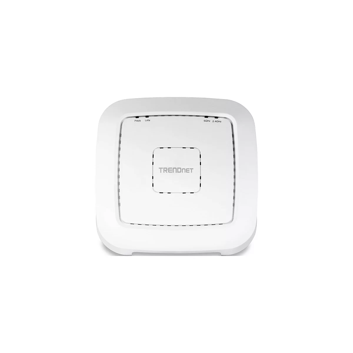 Drahtloser Access Point. WeiÃŸes quadratisches GehÃ¤use, TRENDnet Logo mittig. LED-Anzeigen: PWR, LAN, 5GHz, 2.4GHz.