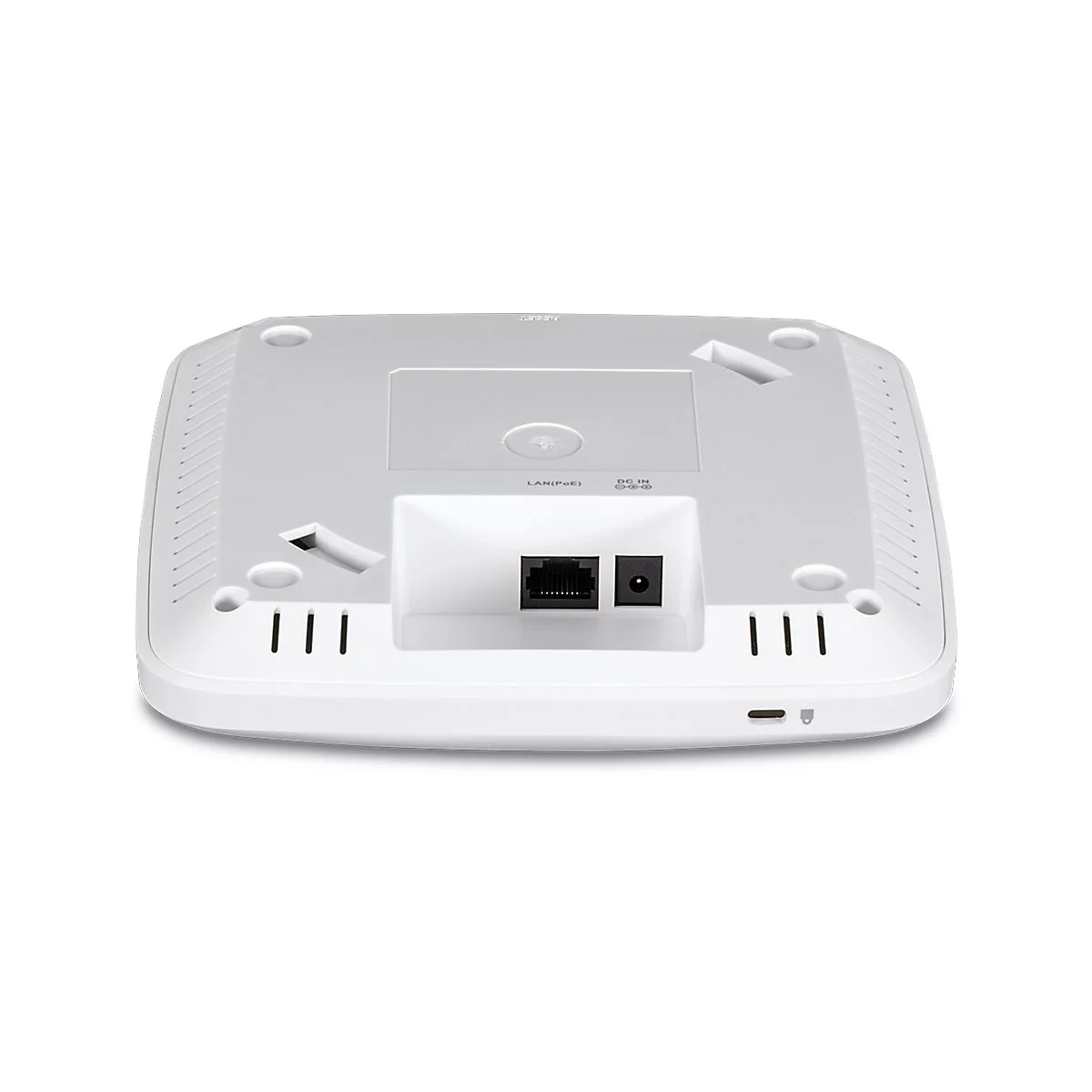 Rückseite eines weißen WLAN Access Points mit LAN- und Stromanschluss vor weißem Hintergrund.
