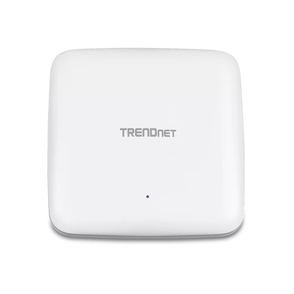 Quadratischer, weißer Trendnet WLAN-Zugangspunkt mit abgerundeten Ecken und einer kleinen Status-LED.